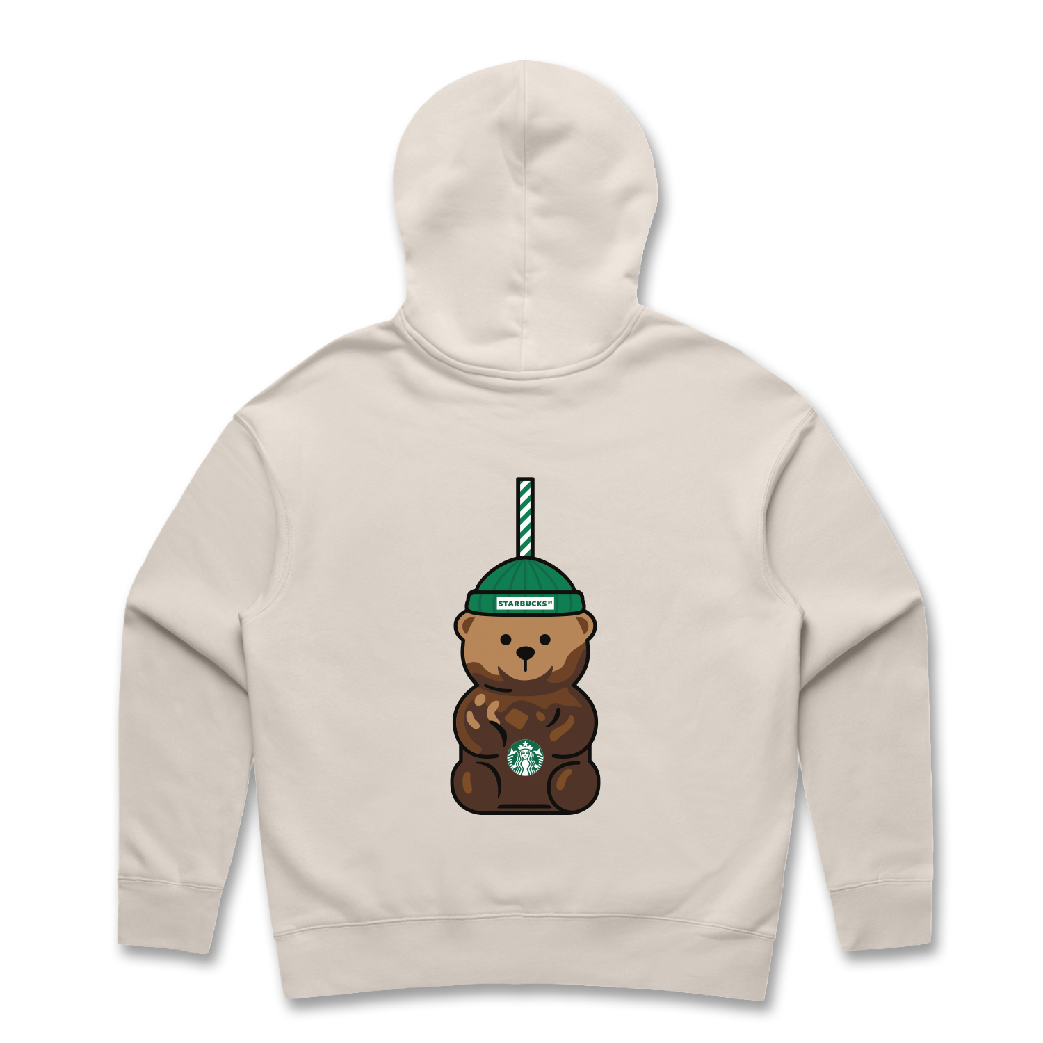 Back of a bone-colored Starbucks hoodie featuring a large Bearista character graphic.
