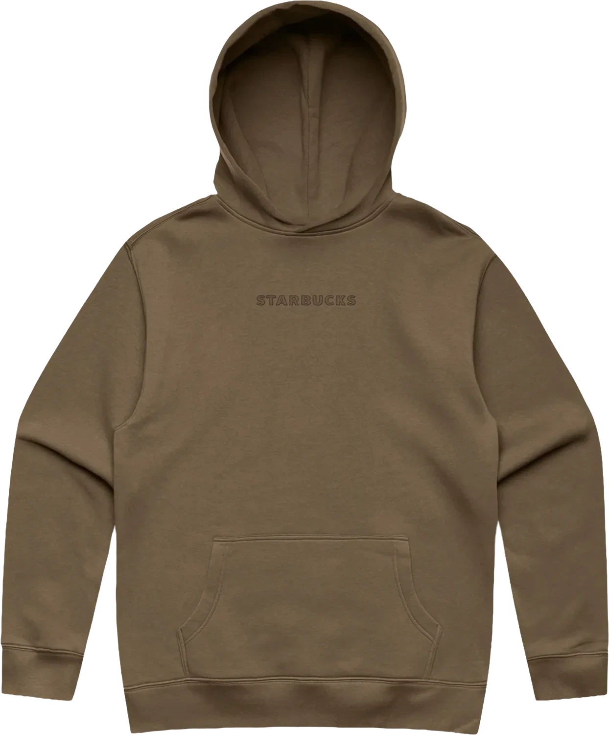 Walnut brown Starbucks Essentials hoodie with a subtle tonal wordmark at the chest.
