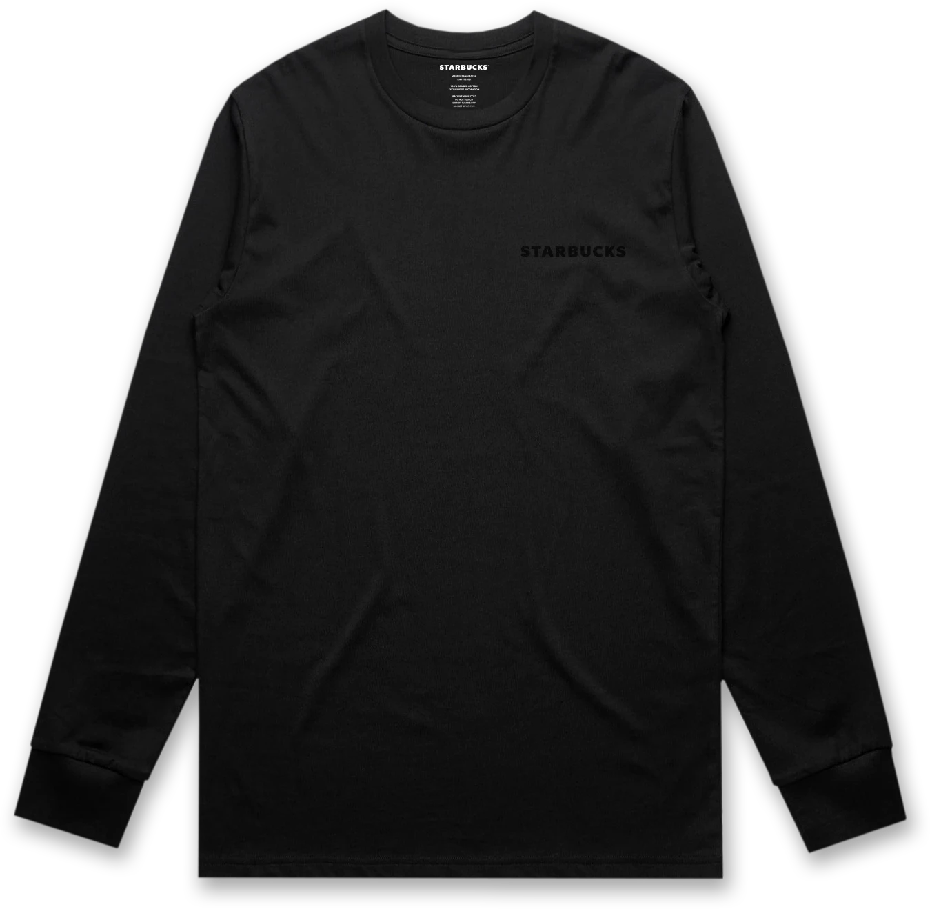 Black Starbucks long-sleeve T-shirt with a low-contrast tonal wordmark at the chest.