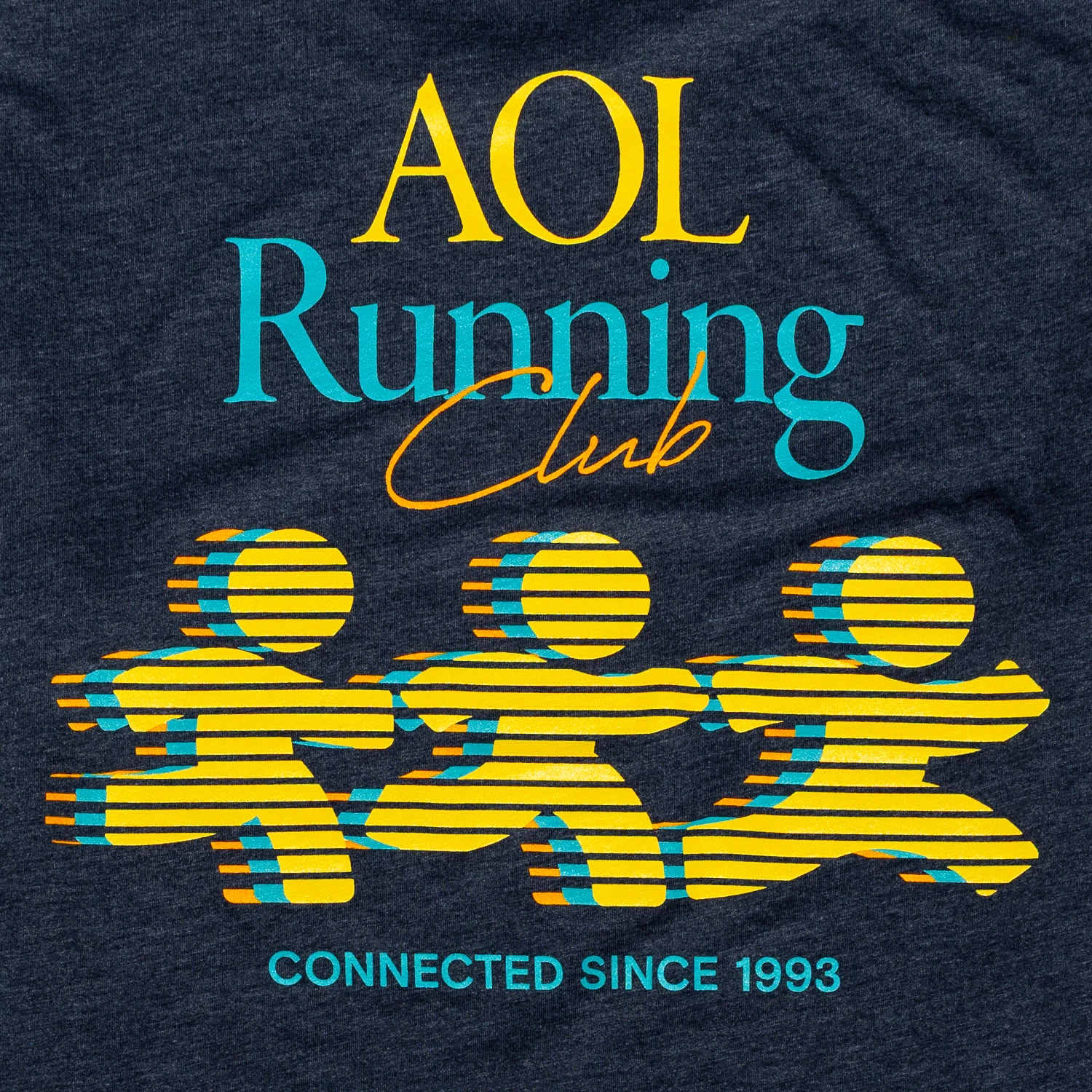 AOL Running Club graphic printed in yellow, turquoise, and orange on navy fabric.
