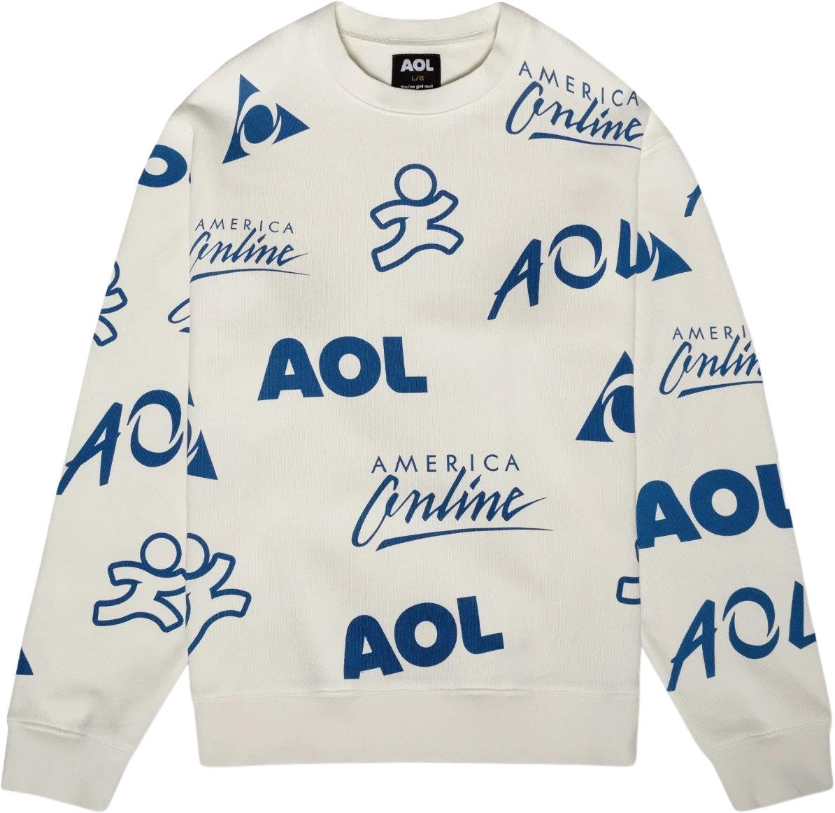 Cream AOL crewneck covered with an all-over archive logo print in blue.