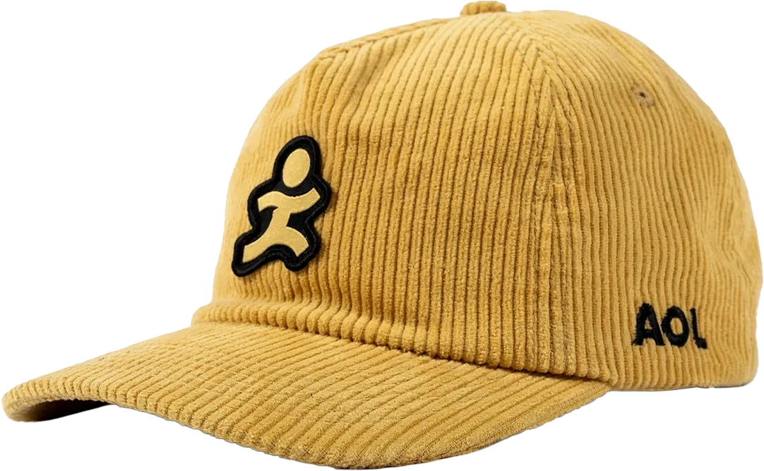 Mustard corduroy cap embroidered with AOL running-man and wordmark graphics.