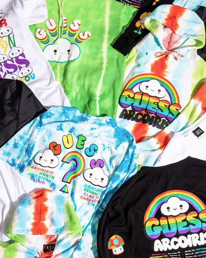 Colorful tie-dye apparel from the J. Balvin Arcoiris tour collection.