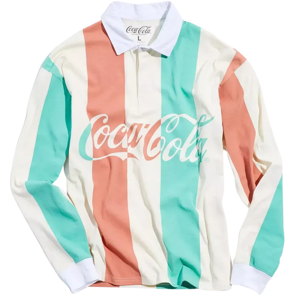 Long-sleeve Coca-Cola rugby shirt with cream, coral, and turquoise vertical stripes and an oversized script logo.