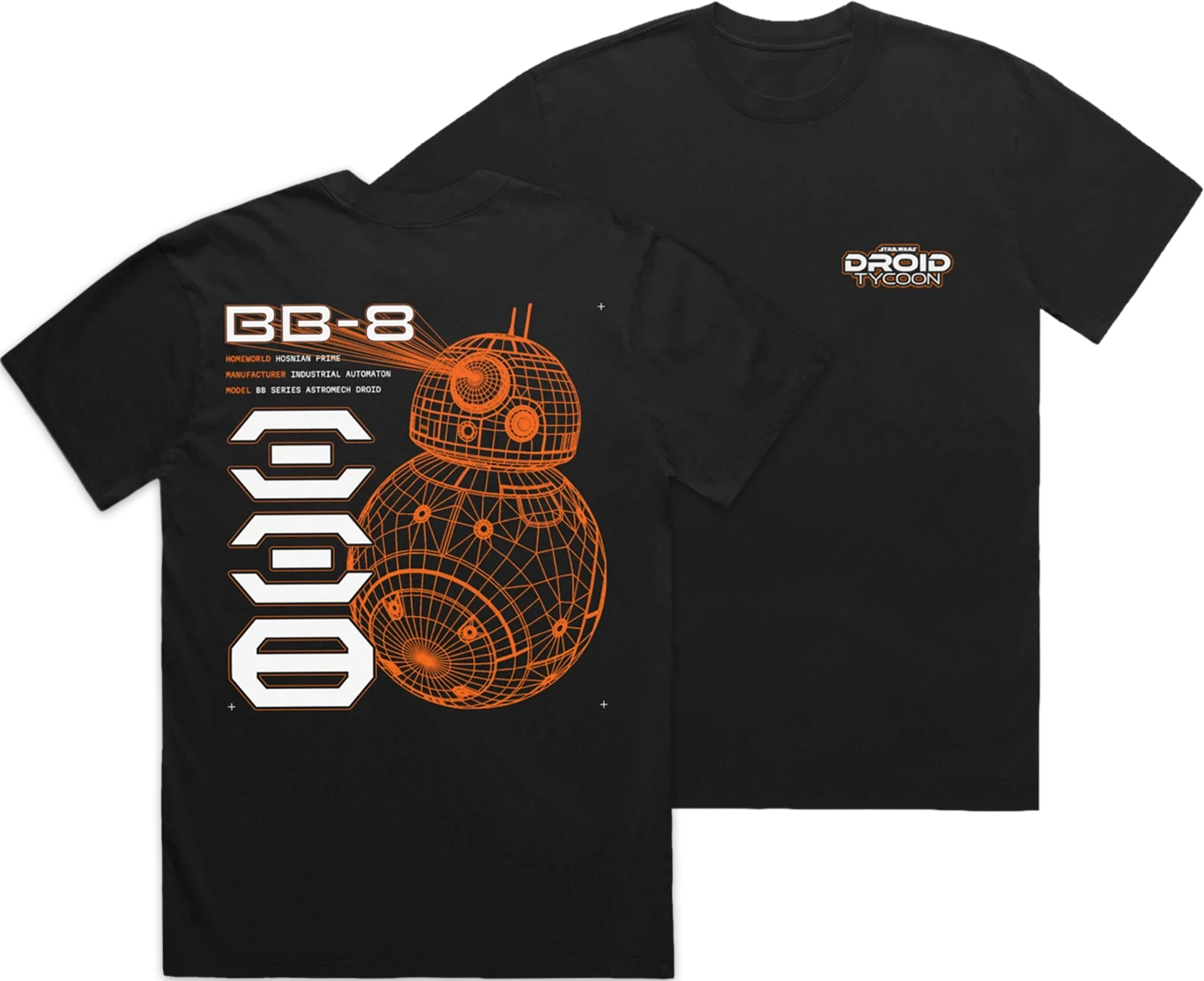 Black Droid Tycoon T-shirt with an orange BB-8 technical schematic printed across the back.