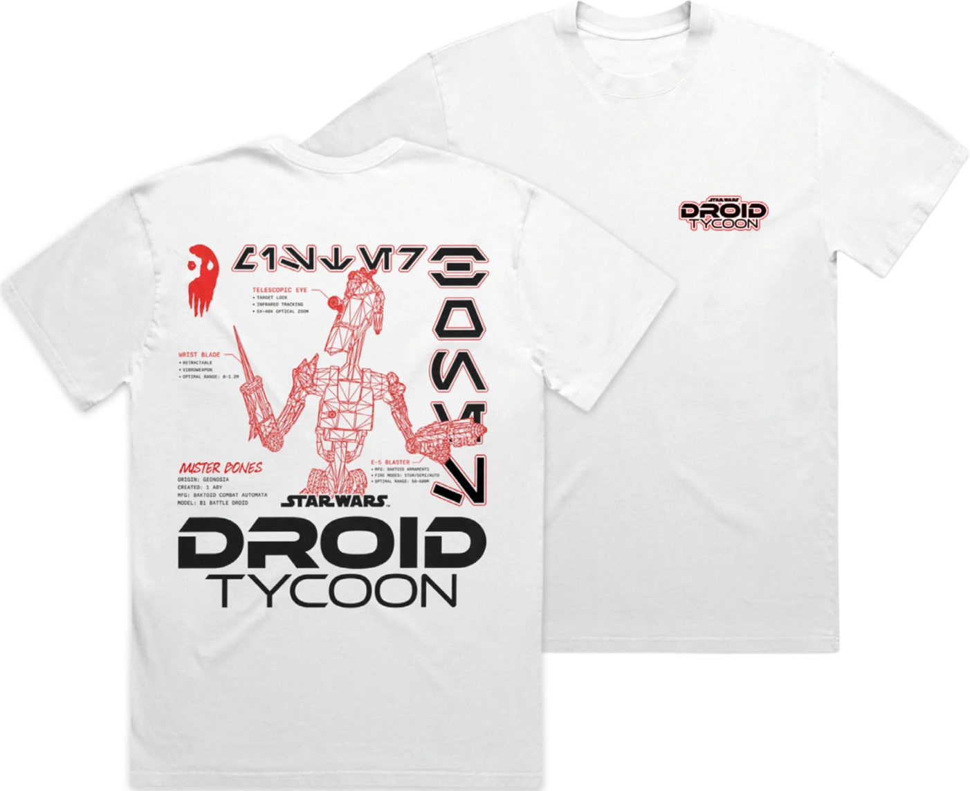 White Droid Tycoon T-shirt with a red and black Mister Bones technical schematic printed across the back.