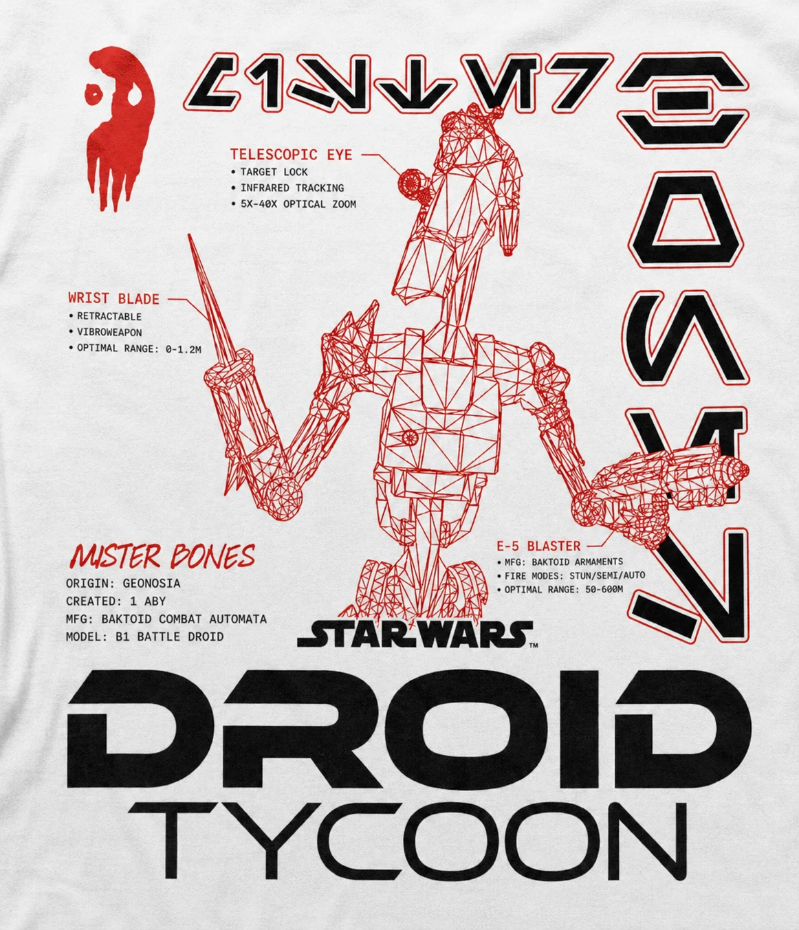 Red-and-black Mister Bones technical schematic graphic created for Droid Tycoon.
