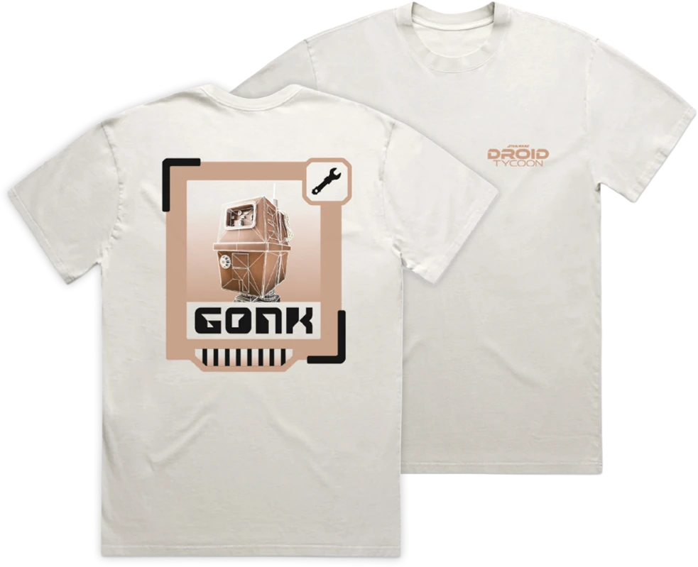 Front and back views of an off-white Droid Tycoon T-shirt featuring a tan GONK technical graphic.