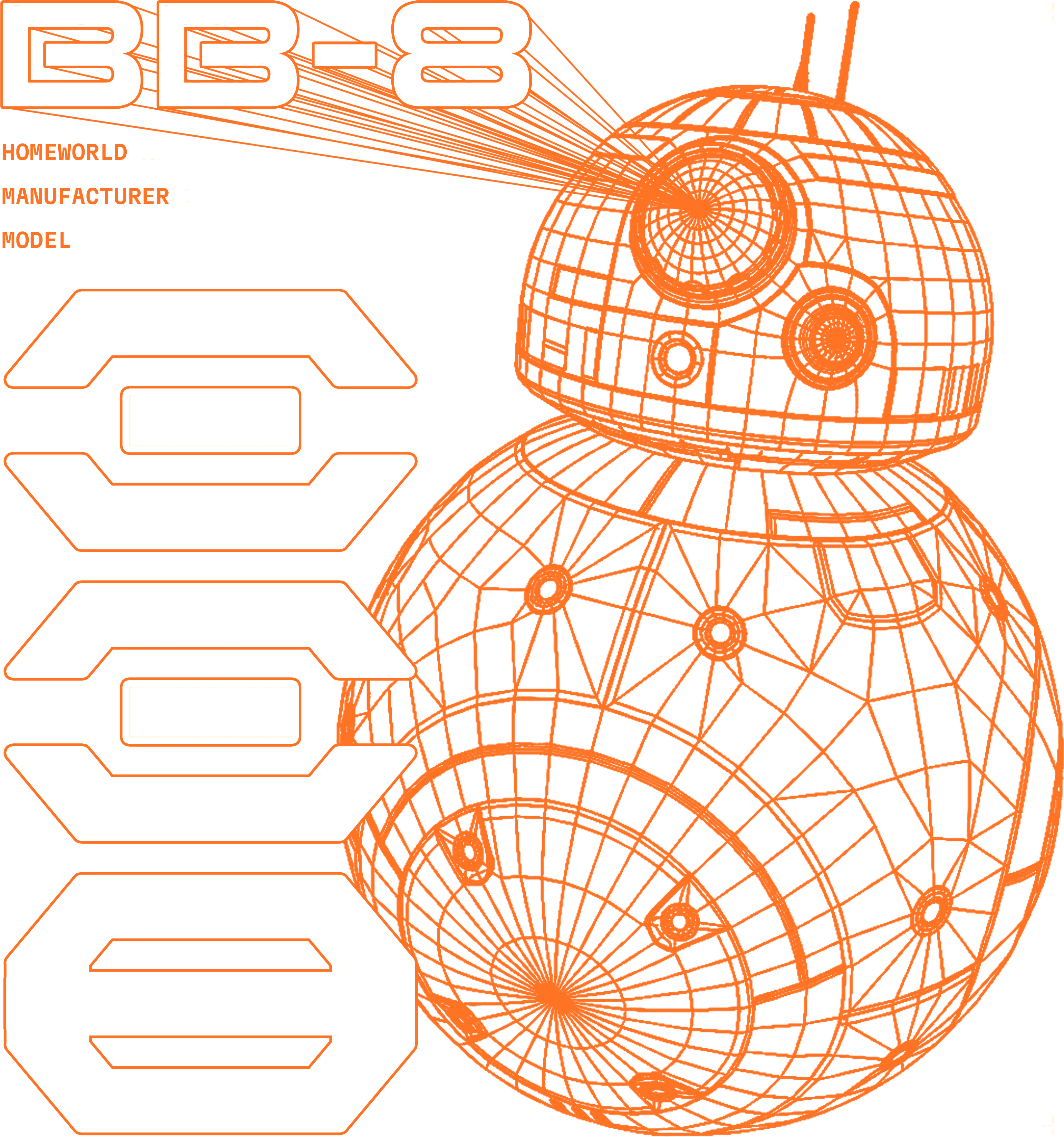 Orange technical line drawing of BB-8 with Droid Tycoon typography on a dark background.