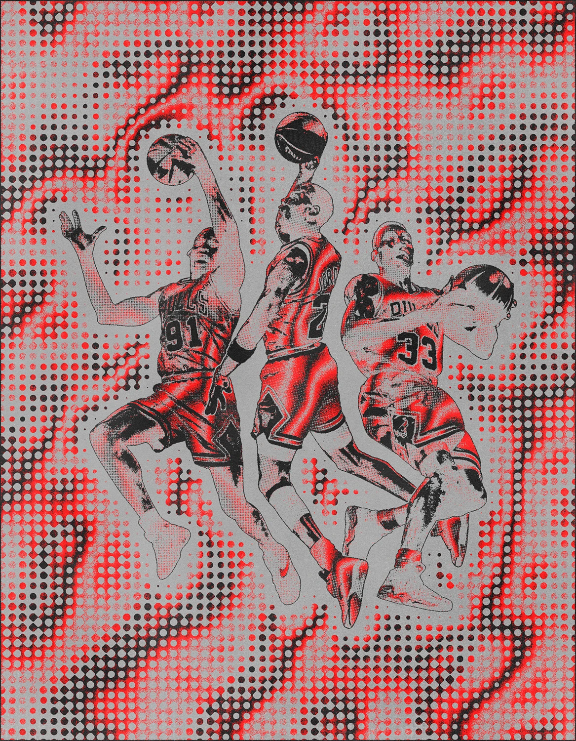 Franchise Magazine Dynasty composition reimagining the Chicago Bulls era through layered halftones and stark red-and-black imagery.
