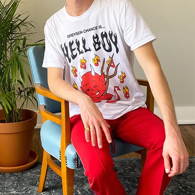 Greyson Chance Hellboy merchandise design detail.