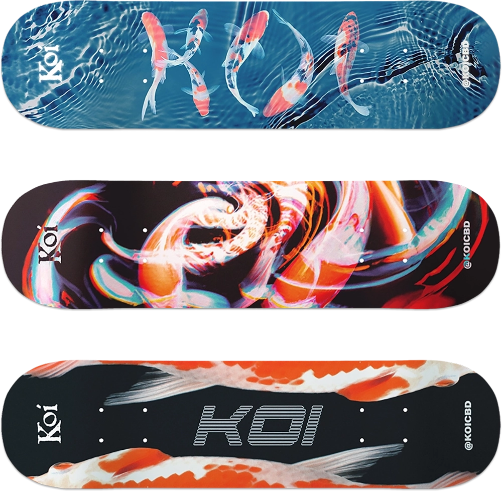 Graphic Design, Illustration & Apparel Design for Koi CBD, featuring Koi Boards.