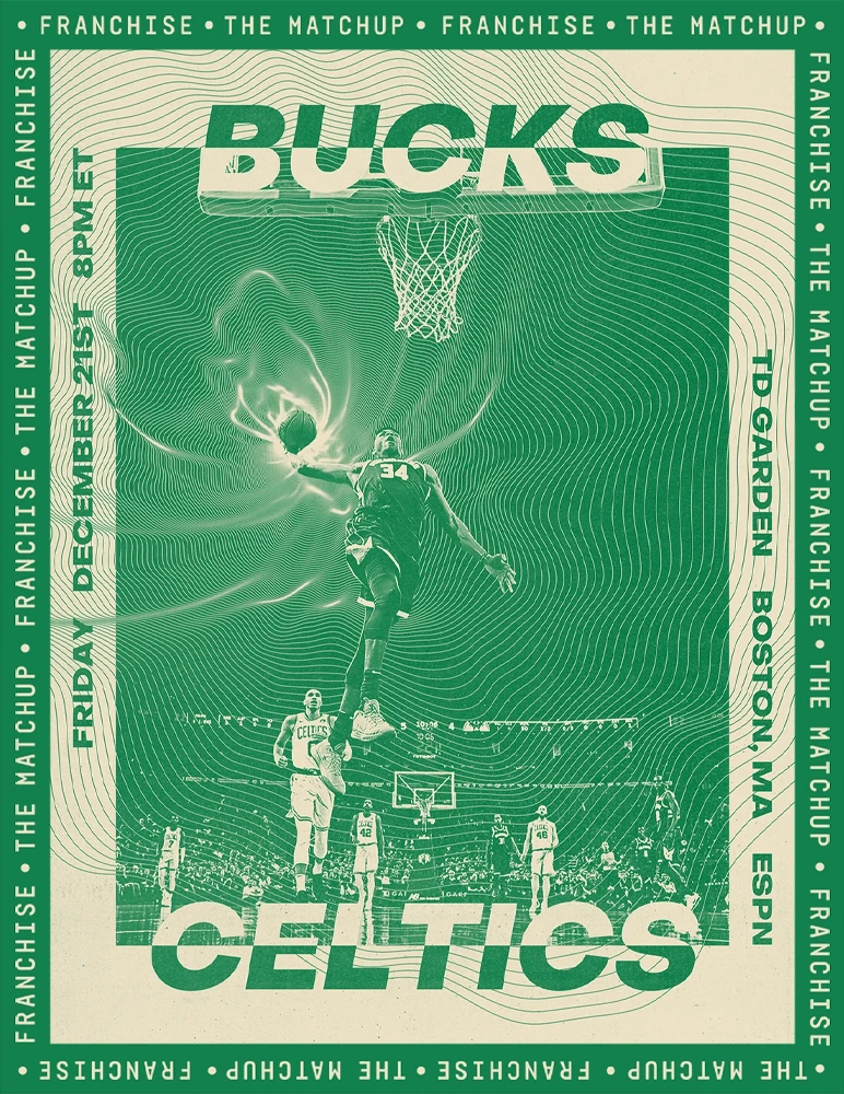 Bucks versus Celtics basketball matchup artwork created for Franchise Magazine.