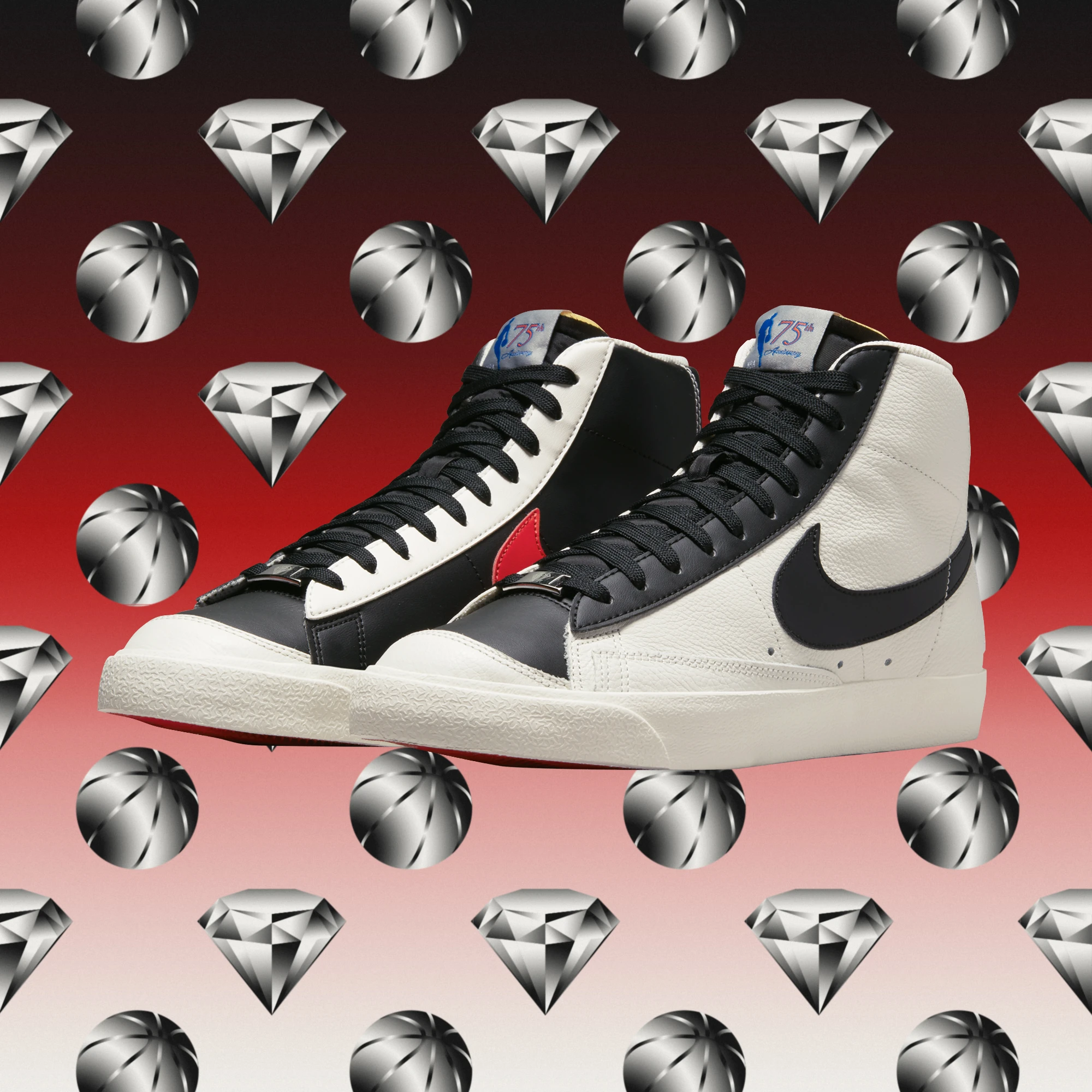 Black-and-white Nike Blazer sneakers presented against a red basketball and diamond pattern.