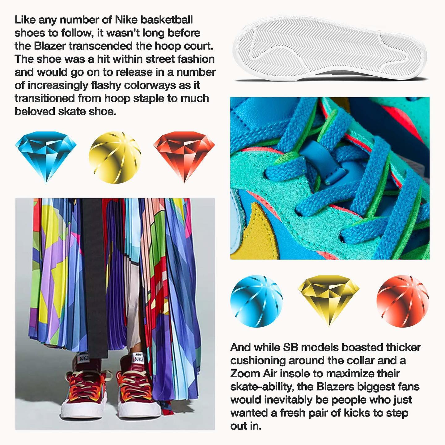 Nike Blazer editorial design combining archival footwear imagery with colorful basketball and diamond illustrations.