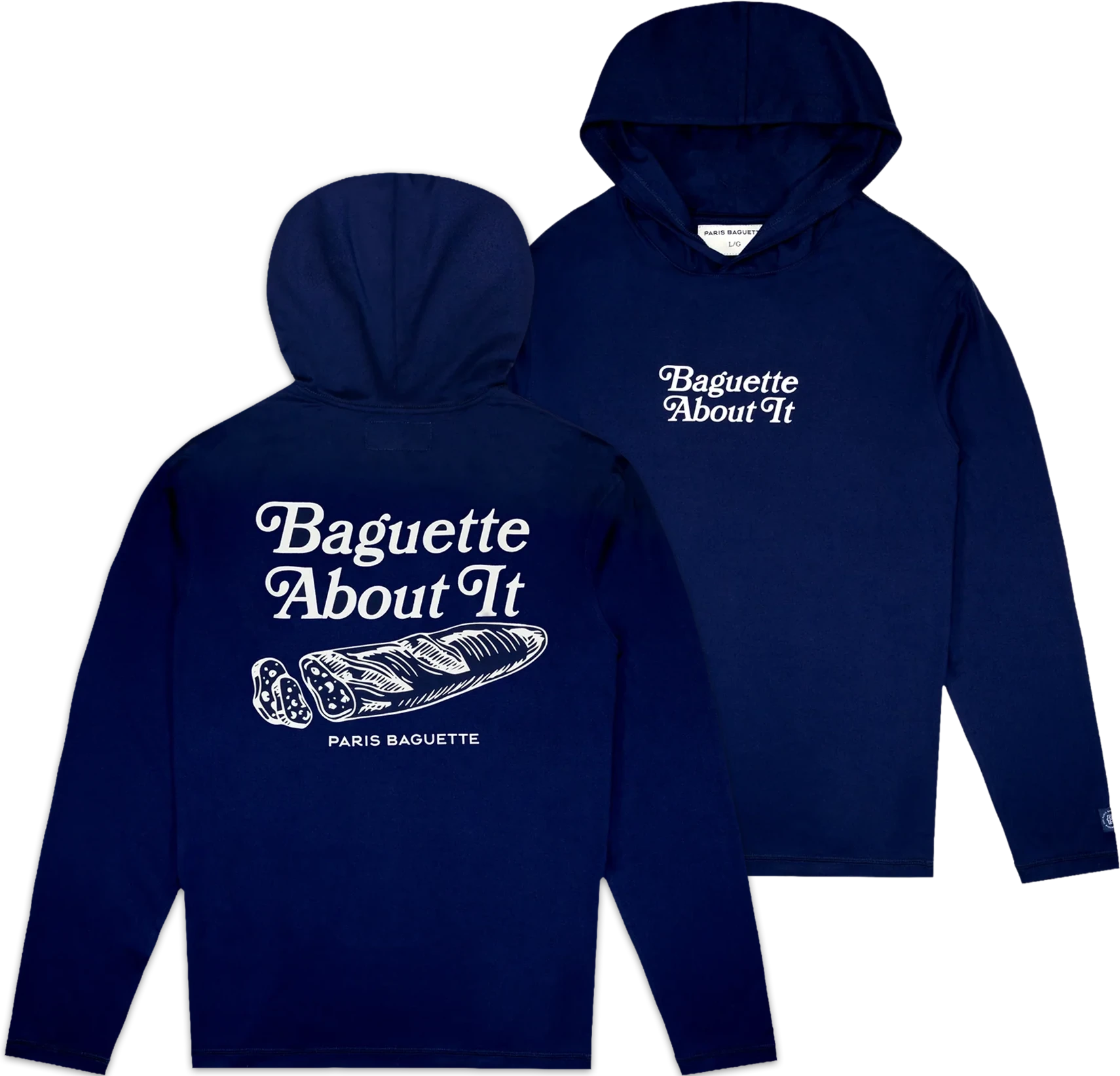 Front and back views of a navy Paris Baguette hoodie featuring a Baguette About It graphic.