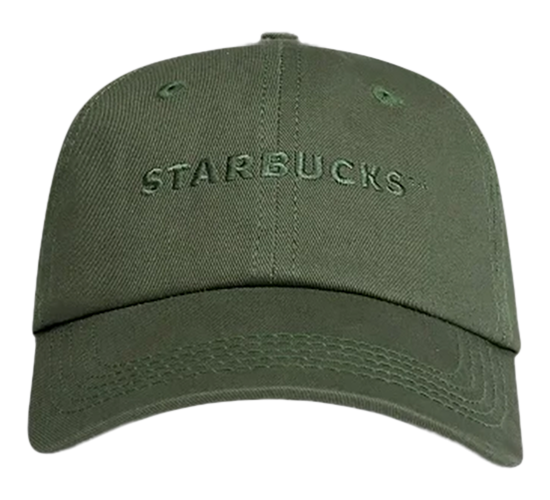 Sage green Starbucks dad hat with a tonal embroidered wordmark.