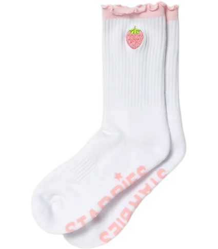 White Starbucks crew socks with pink ruffled cuffs and embroidered strawberry details.